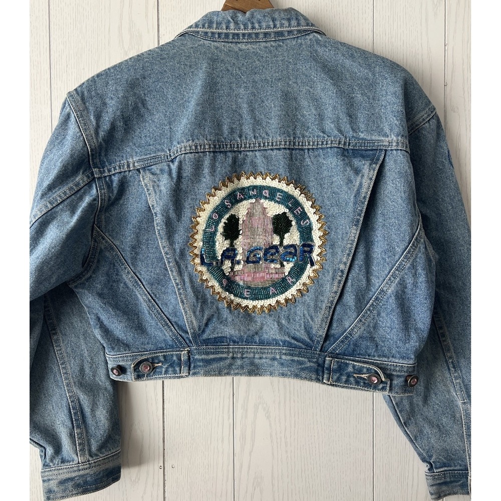 Vintage LA Gear Denim Blue Jean Jacket Medium 80s 90s Sequin Los Angeles CROPPED